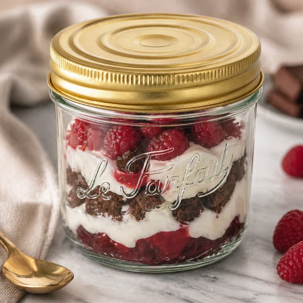Sturzglas 415ml Familia Wiss mit goldenem Deckel gefüllt mit Schichtdessert aus Himbeeren und Creme auf Marmor
