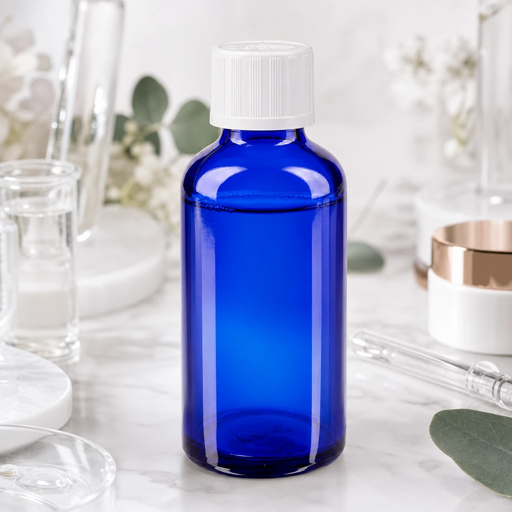 Medizinische Glasflasche 50ml in Blau mit weißem KiSi-Verschluss und Eukalyptusblättern