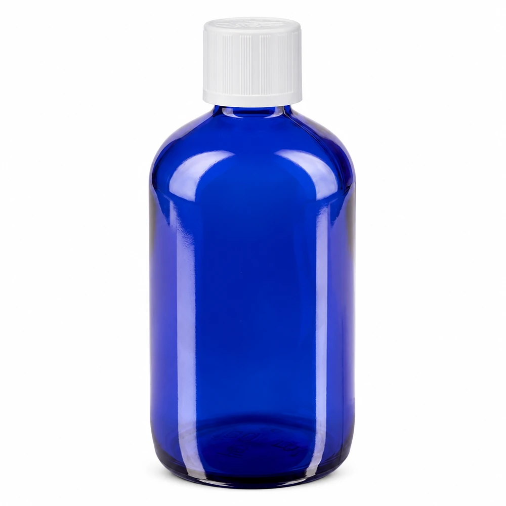 Apothekenflasche blau 100ml Tropfverschluss weiß Kindersicherung Standard Blaue Apothekerflasche Glas 100ml runde Form mit kindersicherem weißen Schraubverschluss STD