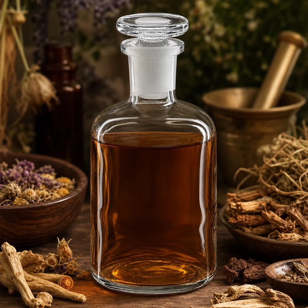 Rundschulterflasche 100ml klar Enghals Glasstopfen Klarglasflasche Rundschulter 100ml Enghals mit Stopfen gefüllt vor Kräuter-Hintergrund