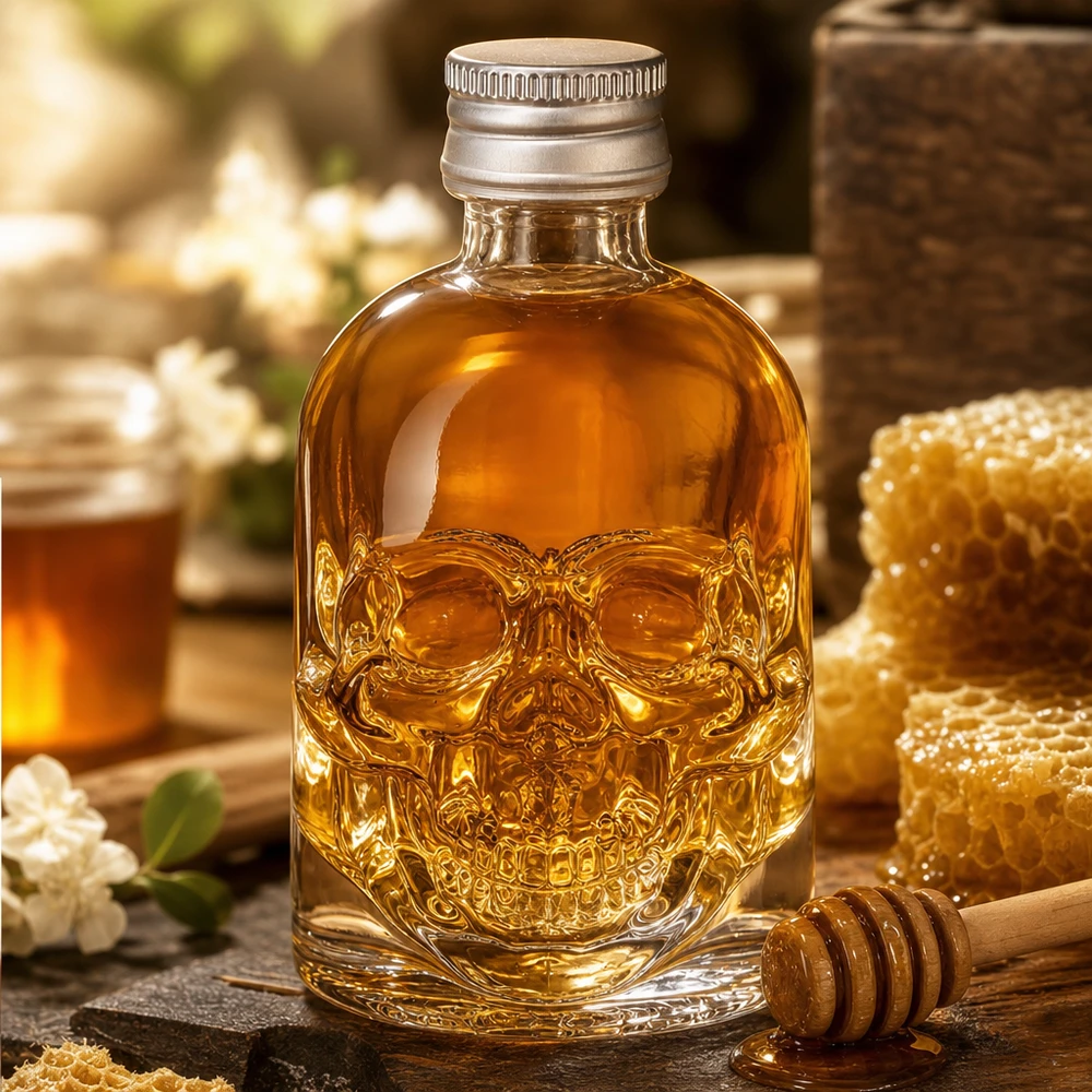 50ml Glasflasche "Hector" + Schraubverschluss silber UNiTWIS 50ml Totenkopf-Glasflasche Hector mit Honig befüllt neben Bienenwabe und Honiglöffel in rustikaler Küche