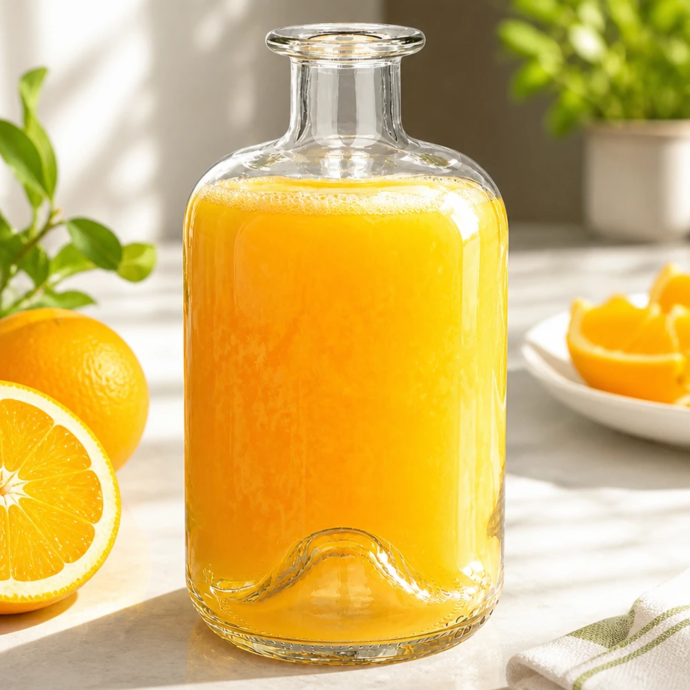 500ml Glasflasche "Luna" ohne Verschluss UNiTWIST 500ml Glasflasche Luna mit frischem Orangensaft gefüllt neben Orangenscheiben als Saft-Karaffe im Küchensetting
