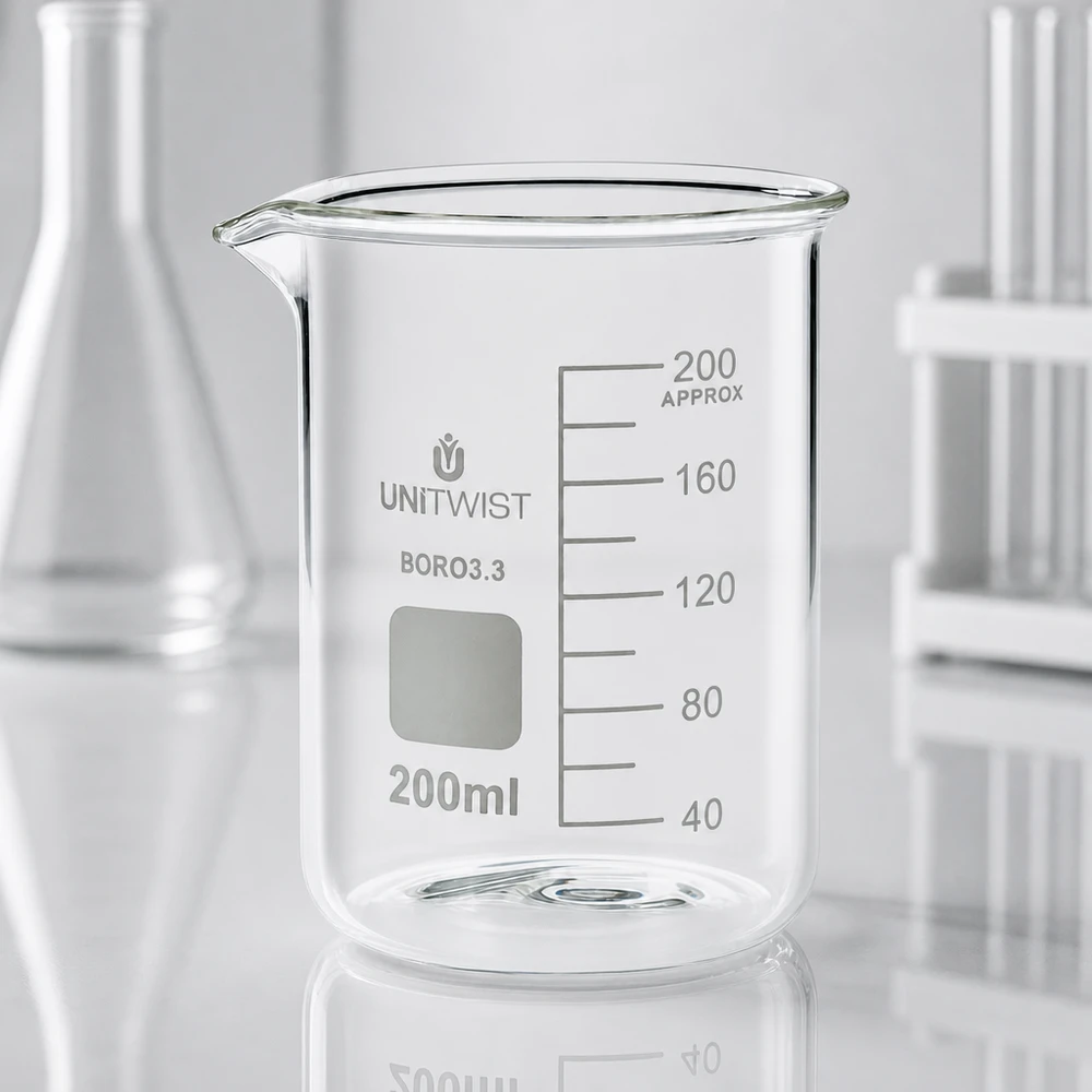 UNiTWIST Becherglas 200ml niedriger Form mit Schreibfeld für Labormarkierungen aus Borosilikat