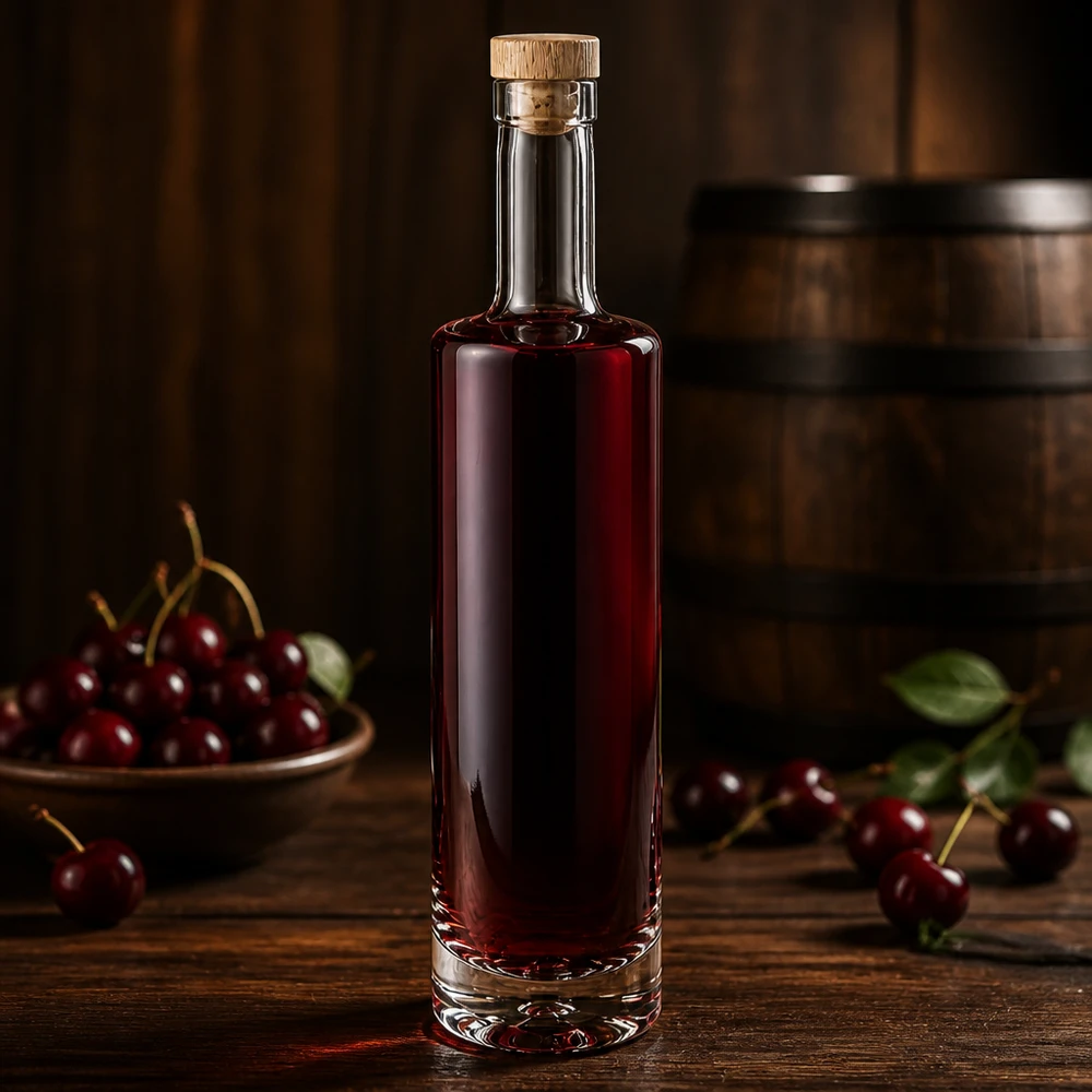 500ml Glasflasche "Lina" mit Holzgriff-Korken UNiTWIST 500ml Glasflasche Lina mit Holzkorken gefüllt mit Kirschlikör zwischen frischen Kirschen rustikale Holztisch Dekoration