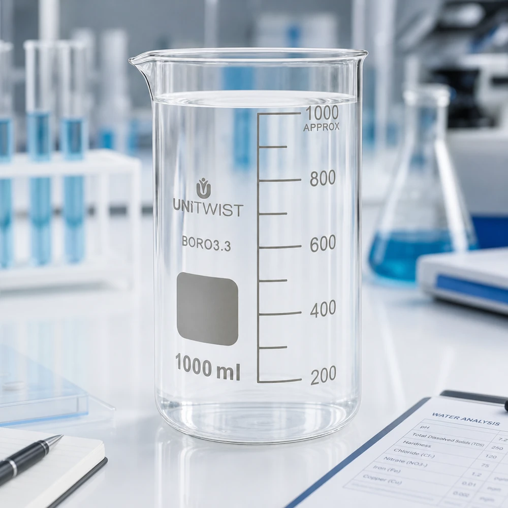 Becherglas 1000ml Borosilikat, hohe Form UNiTWIST Becherglas hohe Form 1000ml UNITWIST Borosilikat neben Erlenmeyerkolben und Laborwaage
