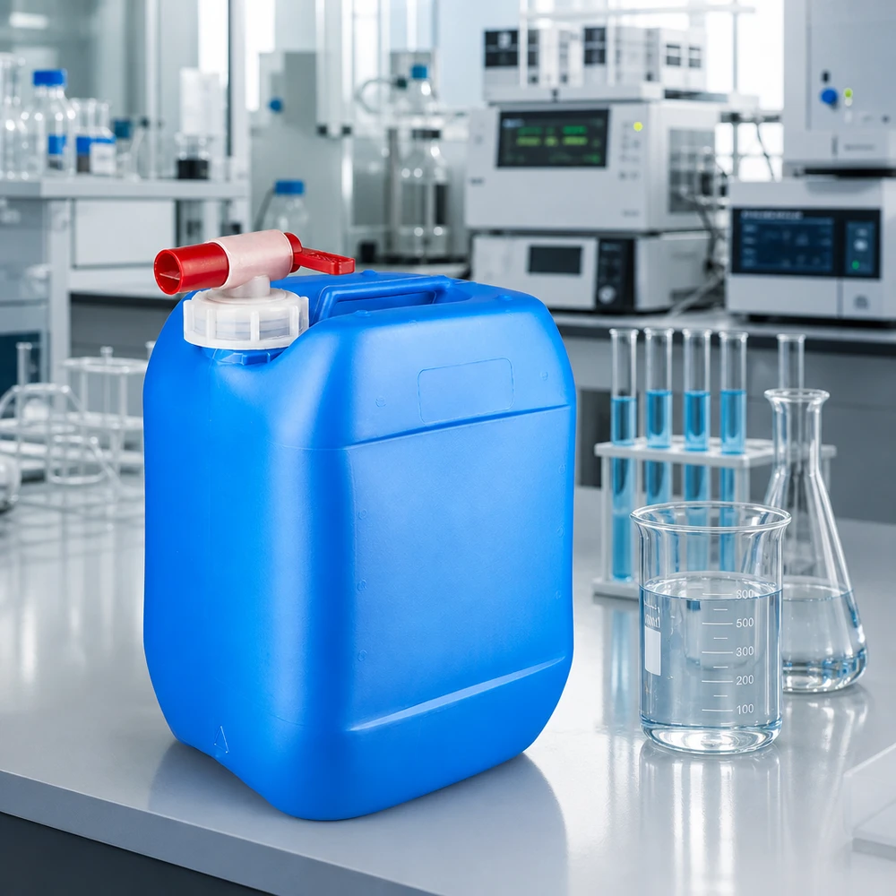 Kanister 10 Liter blau mit Auslaufhahn Blauer Industriekanister 10 Liter mit Auslaufhahn neben Reagenzgläsern im Wissenschaftslabor