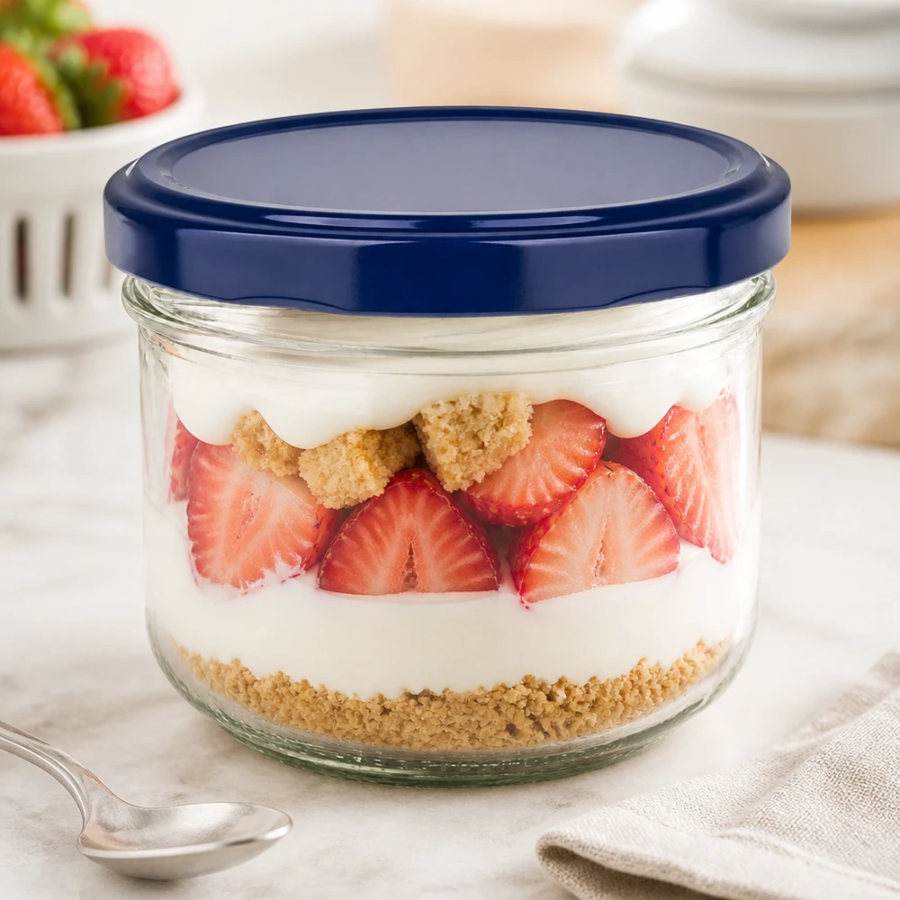 260ml Sturzglas + BasicSeal Deckel blau UNiTWIST 260ml Sturzglas BasicSeal blau mit Erdbeer-Dessert Schichtaufbau - Twist-off Glas für Nachspeisen und Joghurt