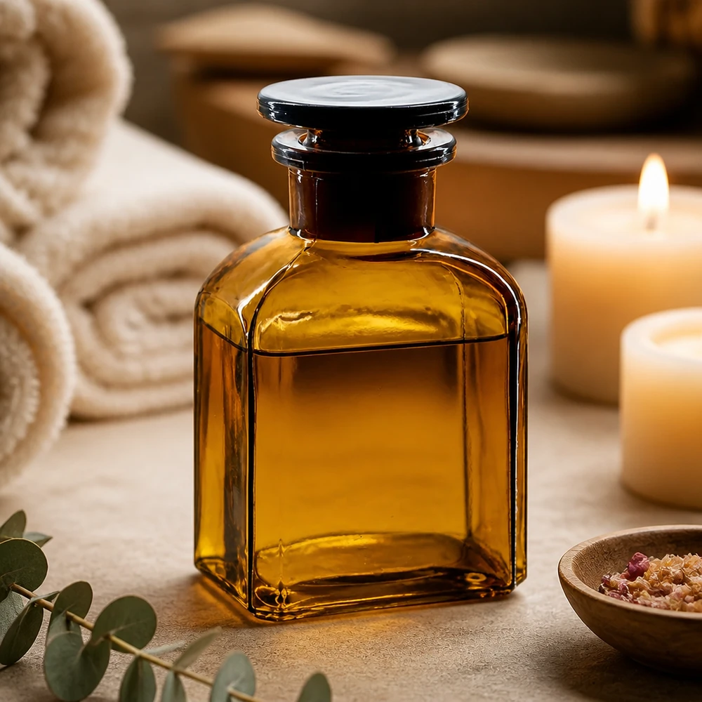 Dekorative Vierkantflasche aus Braunglas 150ml mit Glasstopfen für Wellness-Produkte und Naturkosmetik