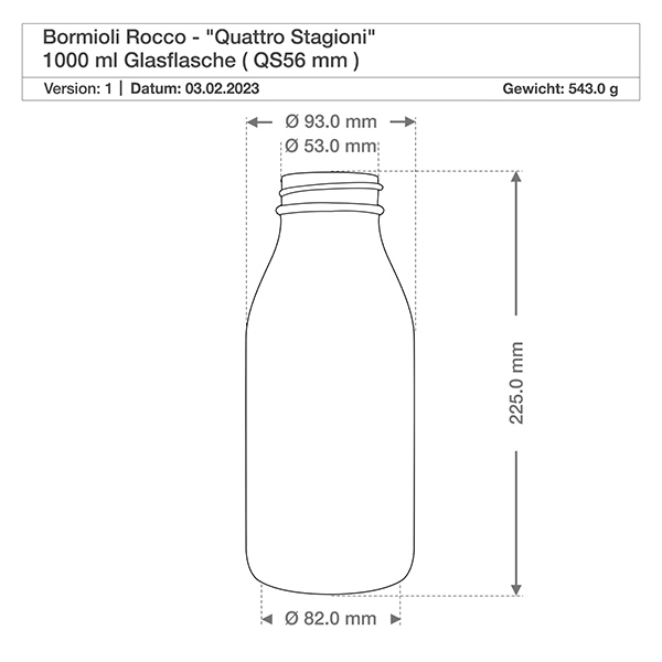 1000ml Glasflasche "Quattro Stagioni" mit Deckel Technische Zeichnung Quattro Stagioni 1000ml Glasflasche mit Maßangaben, Durchmesser 82mm, Höhe 225mm, Gewicht 543g