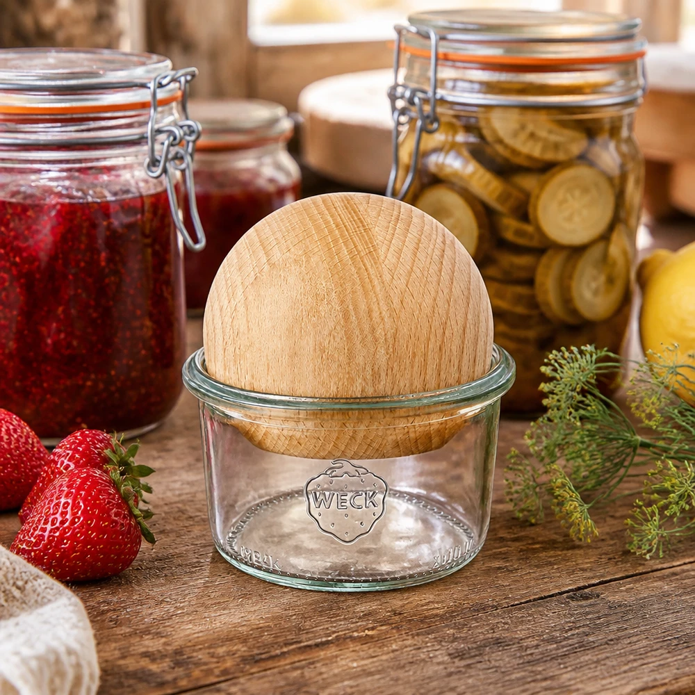200ml Sturzglas WECK RR80 mit Holzkugel Buche Sturzglas WECK 200ml RR80 in natürlicher Küchenumgebung mit Einmachgläsern und frischen Lebensmitteln