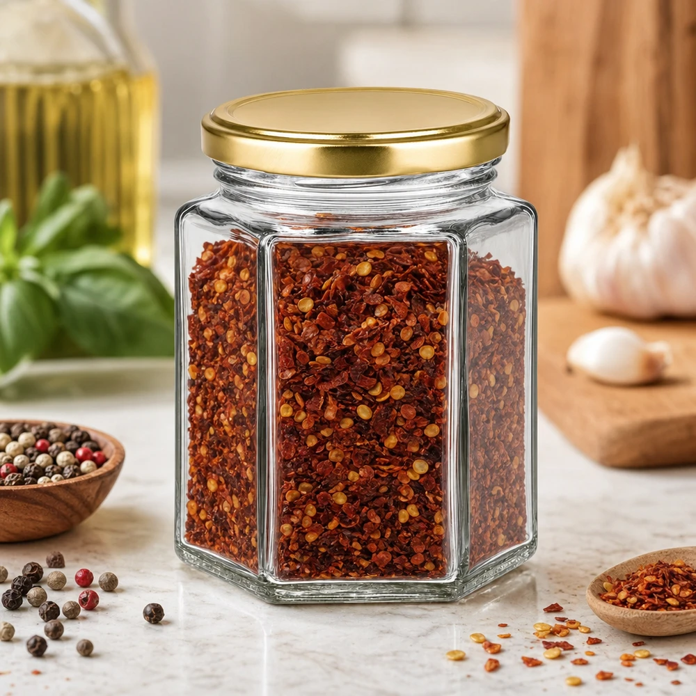 250g Honigglas mit goldenem Deckel BasicSeal UNiTWIST 250g Honigglas BasicSeal hexagonal mit Chili-Gewürz gefüllt in Gewürzküche zwischen Pfefferkörnern und Kräutern