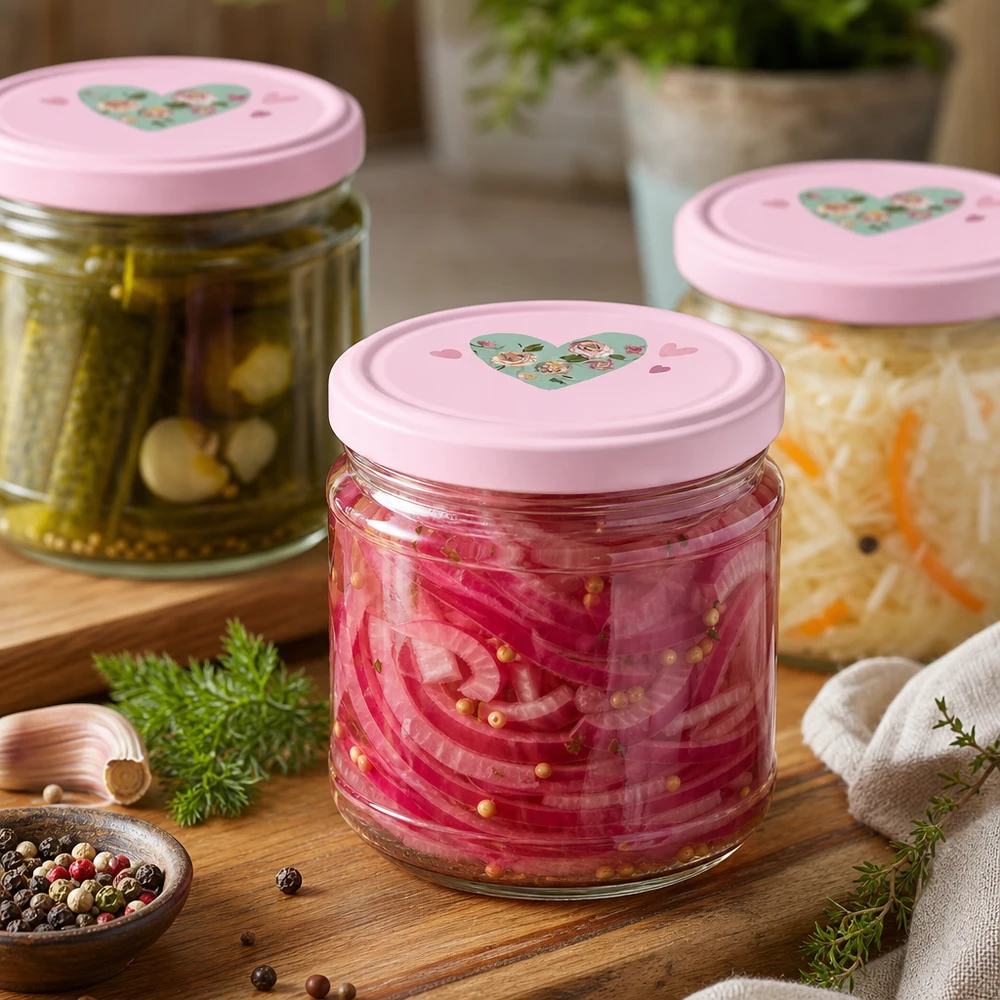 330ml Rundglas + BasicSeal Deckel Herz rosa UNiTWIST 330ml Rundgläser mit rosa Herz-Deckeln gefüllt mit eingelegtem Gemüse und Gurken auf Holztisch in Küche