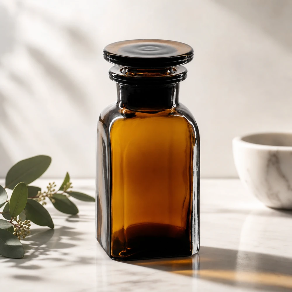 Ätherische Öle Flasche 100ml braun eckig Weithals Glasstopfen lichtgeschützt