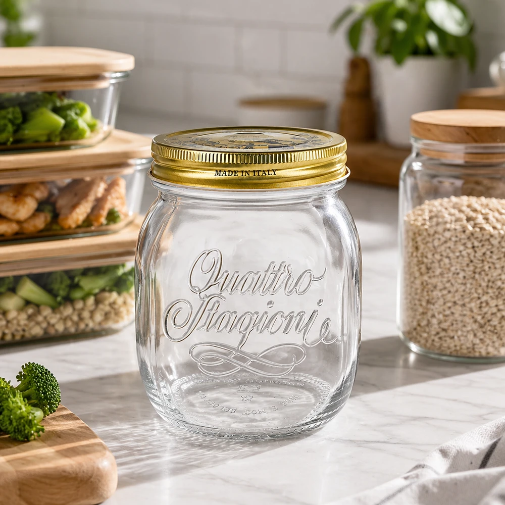 Quattro Stagioni 700ml Rundglas leer in moderner Küche mit Meal-Prep Behältern und Vorratsgläsern Küchenorganisation