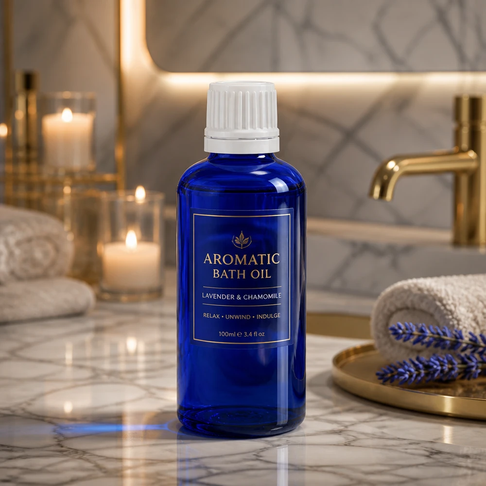UV-Schutz Glasflasche 50ml in Blau mit weißem Tropfer für Öle und Essenzen