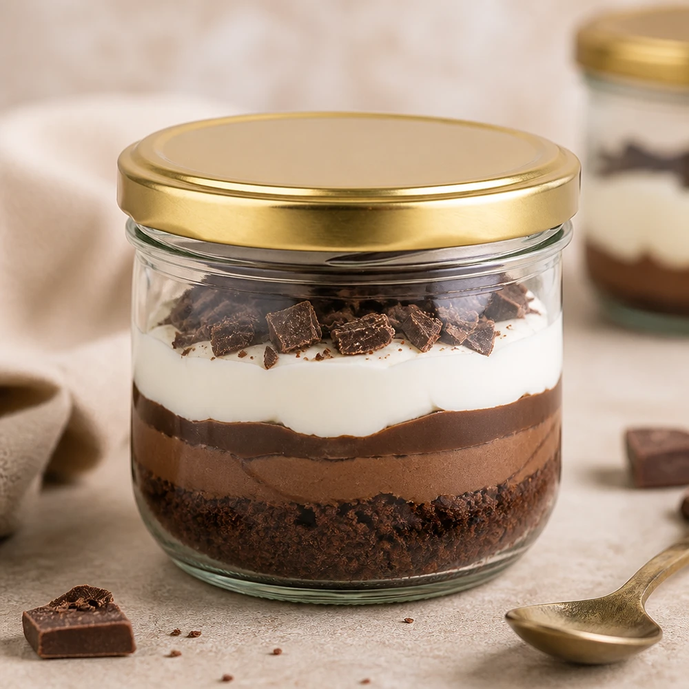 260ml Sturzglas BasicSeal gold UNiTWIST mit Schokoladen-Dessert befüllt zeigt Eignung für süße Nachspeisen