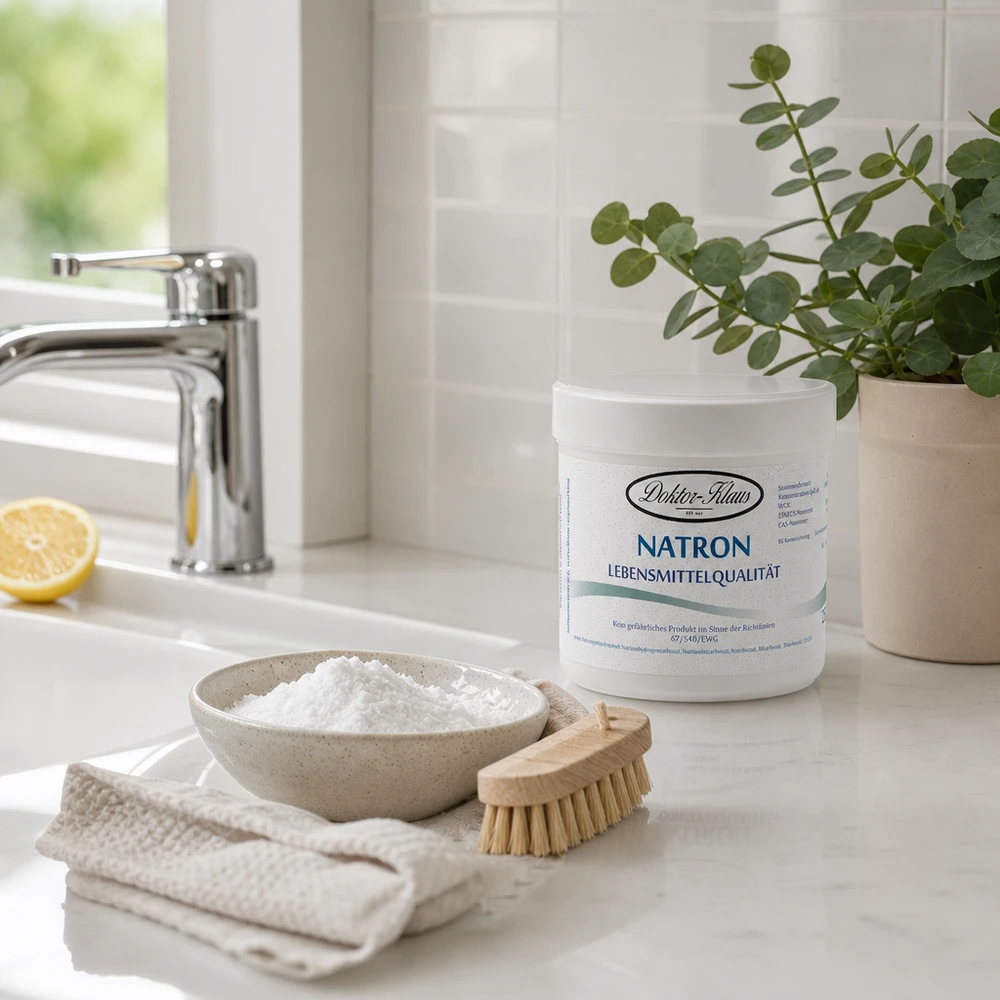 Natron 250g Doktor-Klaus Vielseitiges Natron Doktor Klaus 250g in stylischer Küche mit modernem Wasserhahn und Dekoration