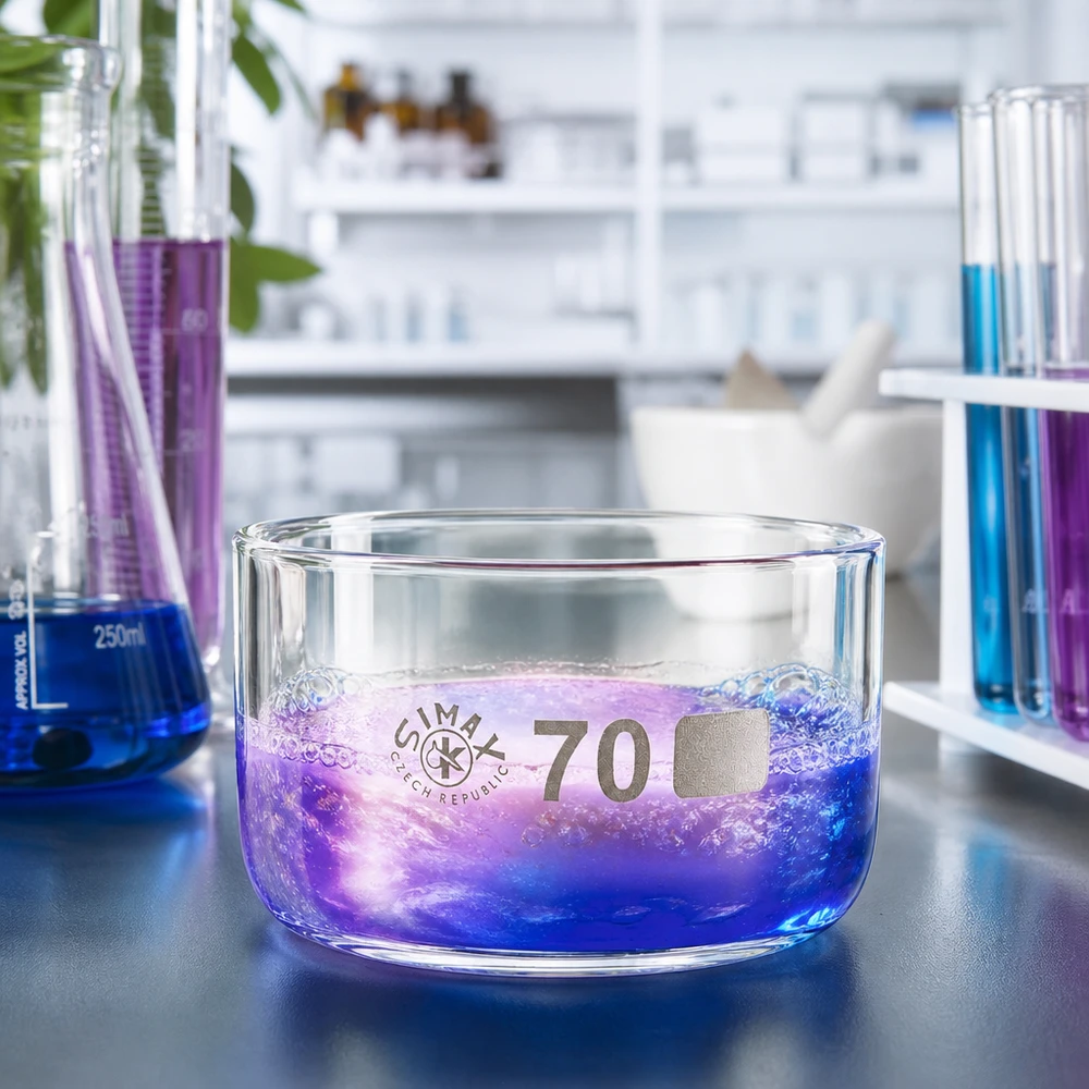 Borosilikatglas Kristallisierschale 70mm mit Mischung aus blauer und violetter Laborflüssigkeit