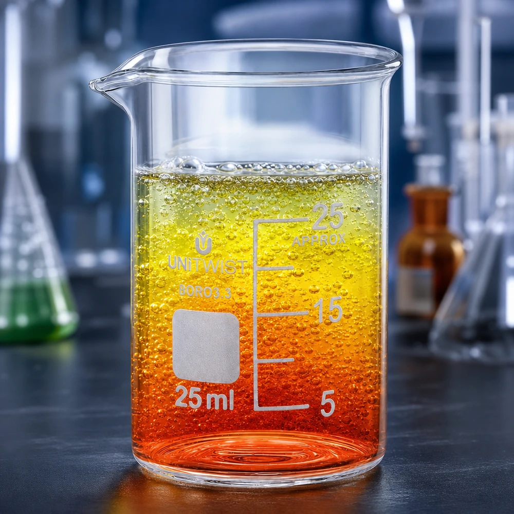 Transparentes 25ml Becherglas UNiTWIST Borosilikat mit lebhafter zweifarbiger chemischer Reaktion
