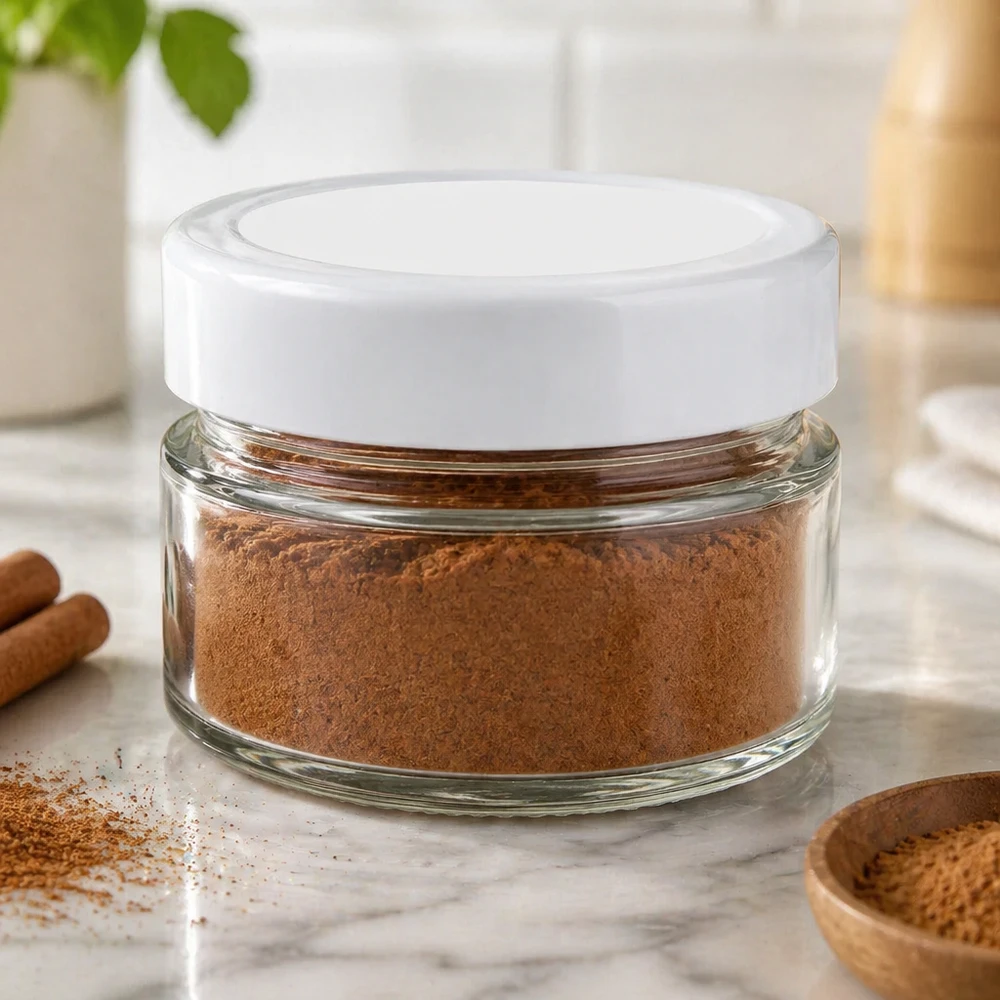 80ml Rundglas mit BasicSeal Deckel weiß deep UNiTWIST 80ml Rundglas gefüllt mit braunem Pulver zeigt praktische Anwendung für Gewürze und Küchenaufbewahrung