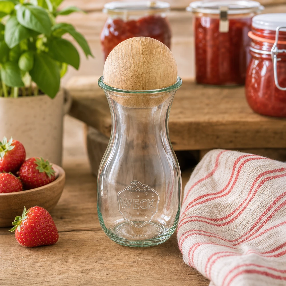 WECK Glasflasche 290ml RR60 mit Buchenkugel-Verschluss in rustikaler Küche neben Erdbeeren und Marmeladengläsern