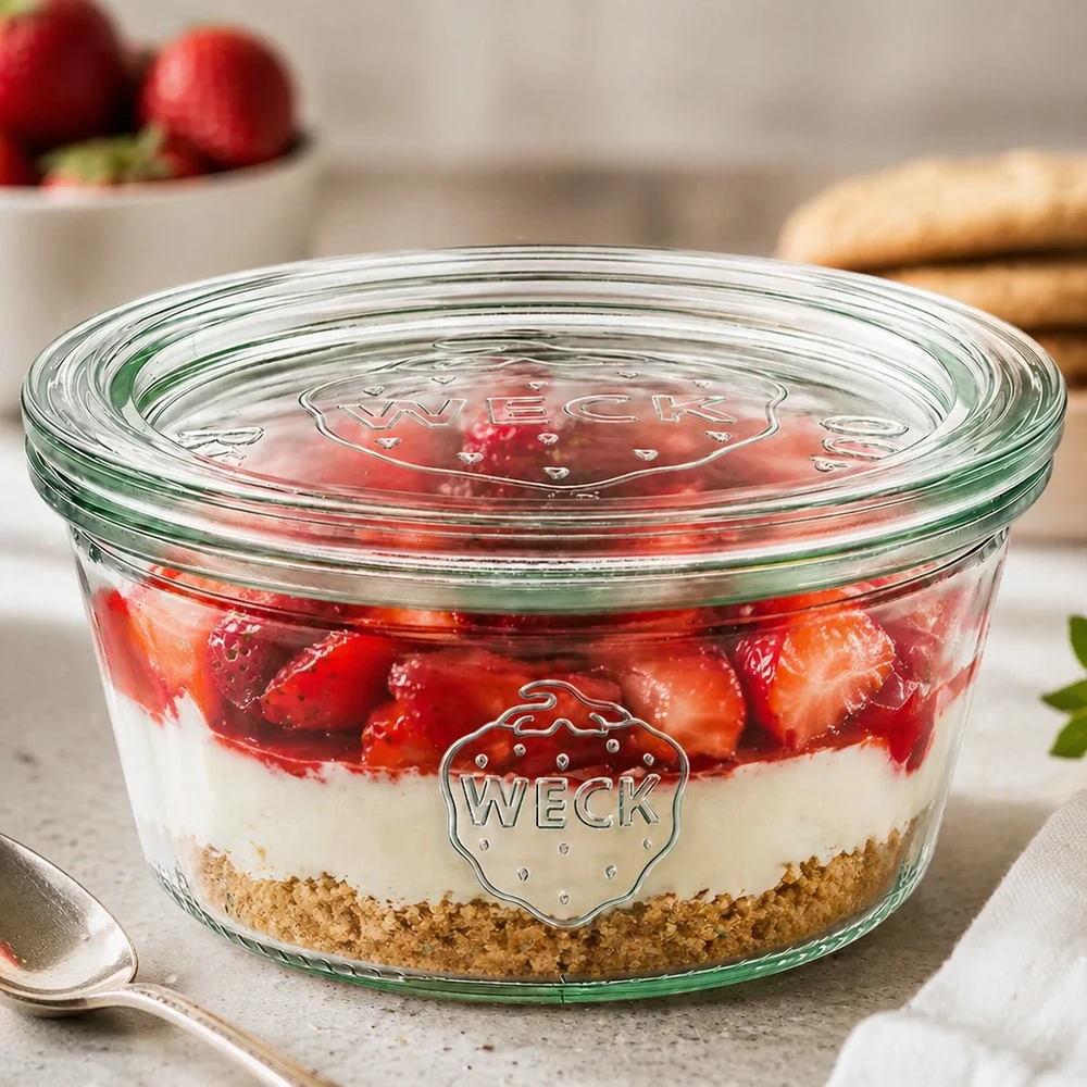 290ml Sturzglas niedrig mit Glasdeckel WECK RR100 WECK Sturzglas 290ml RR100 mit Erdbeer-Schichtdessert gefüllt zeigt vielseitige Verwendung als Dessertglas mit Glasdecke