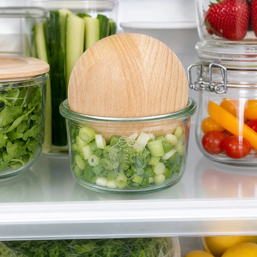 WECK Sturzglas RR80 165ml mit Buchenkugel im Kühlschrank zur frischen Aufbewahrung von Schnittlauch und Gemüse