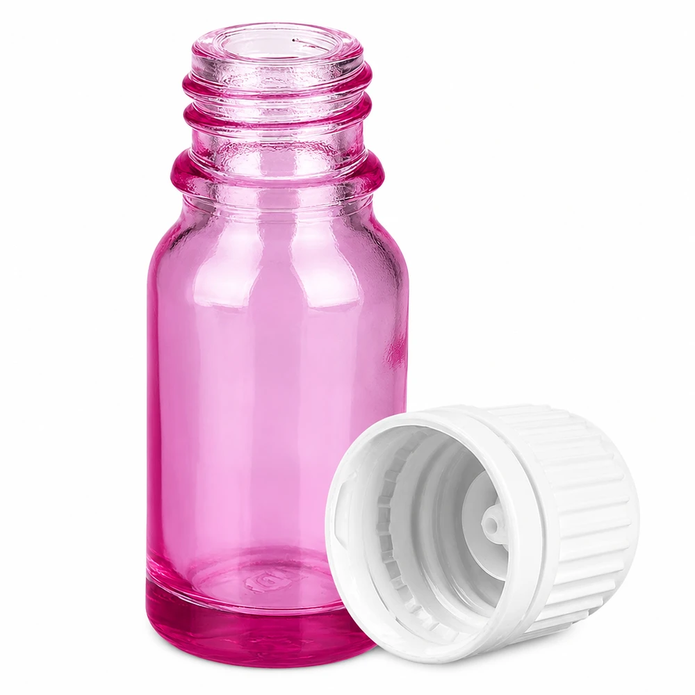 Präzise 10ml Dosier-Flasche aus robustem Glas in eleganter Magenta-Optik mit Sicherheitsverschluss