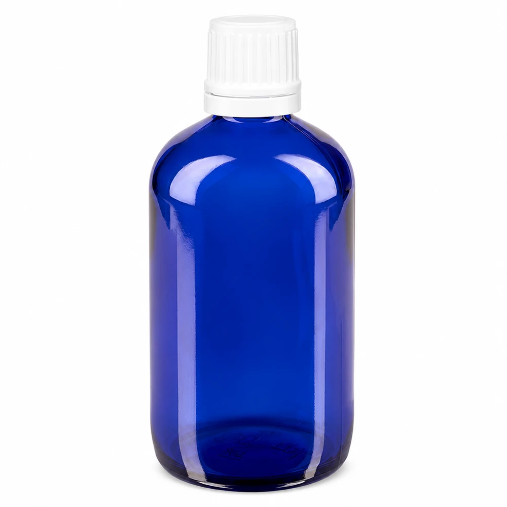 Apothekerflasche blau 100ml Glas mit weißem Originalitätsverschluss ideal für Tropfen und Tinkturen
