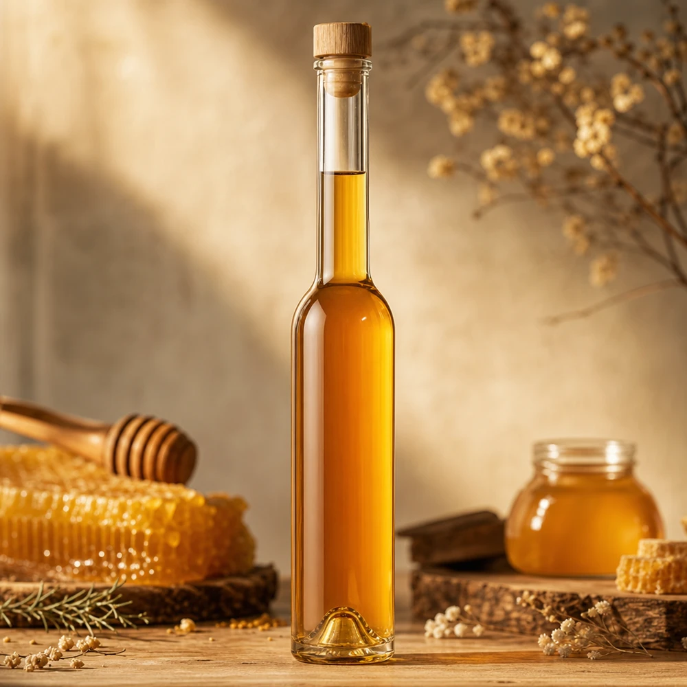 200ml Glasflasche "Hugo" mit Holzgriff-Korken UNiTWIST 200ml Glasflasche Hugo mit Honig befüllt neben Waben und Honigglas - perfekt für Honiglikör und Geschenke