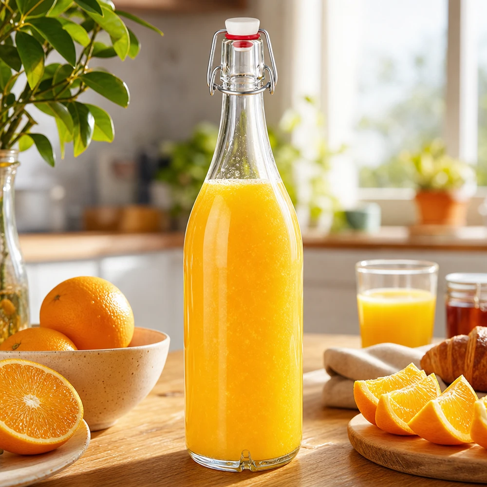 1000ml Glasflasche mit Bügelverschluss gefüllt mit frischem Orangensaft neben Orangen auf Küchentisch