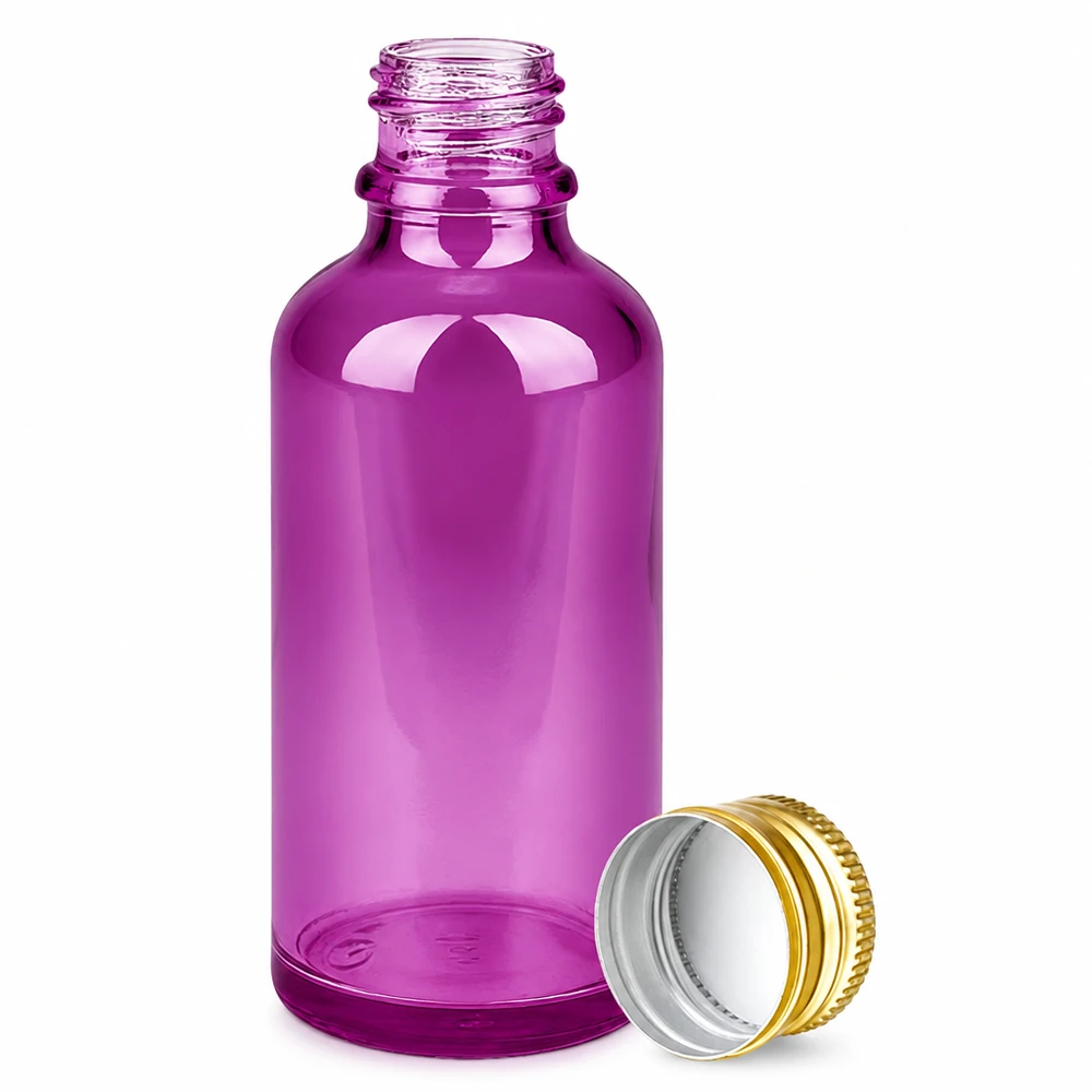 50ml Flasche 11mm Schraubverschluss Alu-Gold Standard PurpleLine. UT18/50 Handliche Violettglasflasche 50ml mit dichtschließendem Aluverschluss in Goldoptik