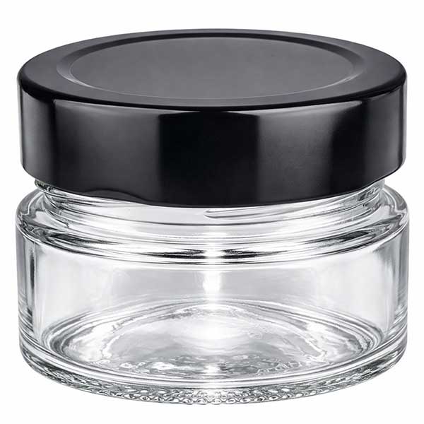 80ml Rundglas + BasicSeal Deckel schwarz deep UNiTWIST 80ml Rundglas mit schwarzem BasicSeal Deckel UNiTWIST Verschluss transparent leer Kosmetikglas Tiegel