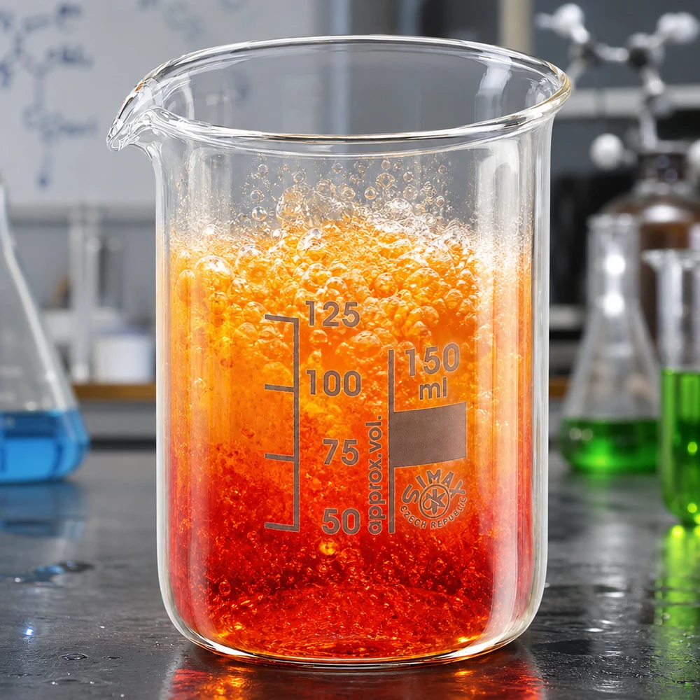 Becherglas 150ml Borosilikatglas, niedrige Form Forschungslabor Becherglas 150ml niedrige Form zeigt lebendige orange Chemikalie mit Schaumbildung