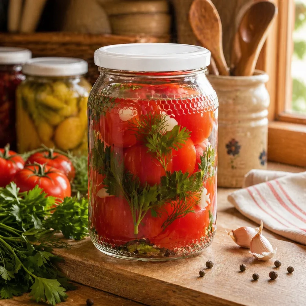 1260g Honigglas + BasicSeal Deckel weiß UNiTWIST Honigglas 900ml mit eingelegten Tomaten und Kräutern zeigt Konservierungsmöglichkeiten BasicSeal Deckel weiß