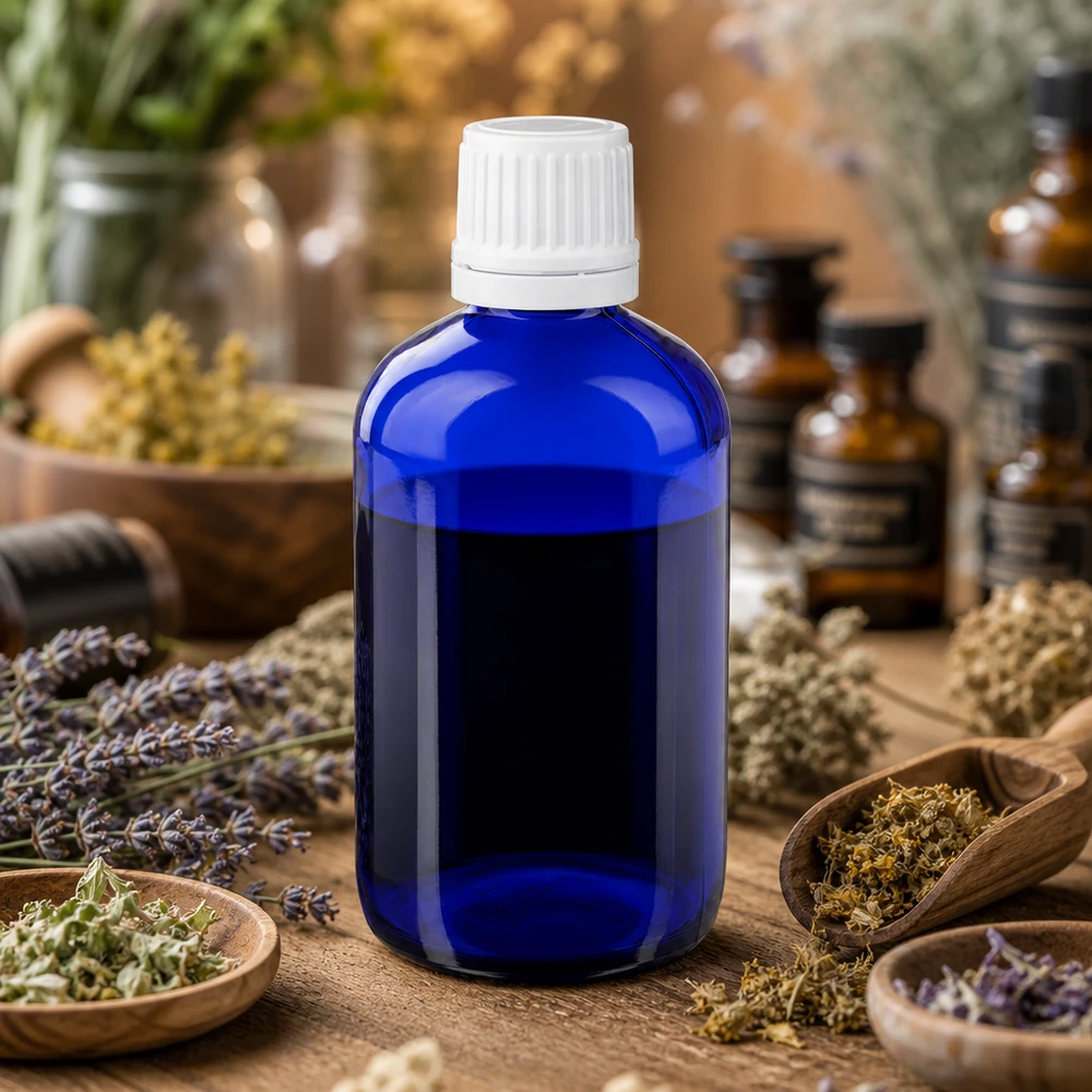 Hochwertige Kobaltglas-Tropfflasche 20ml mit weißem KiSi-Deckel für Naturheilmittel und Essenzen