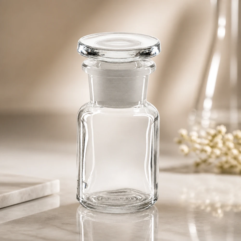 Glasflasche mit Rundschulter 50ml klar breite Öffnung und flacher Glasstopfen luftdicht