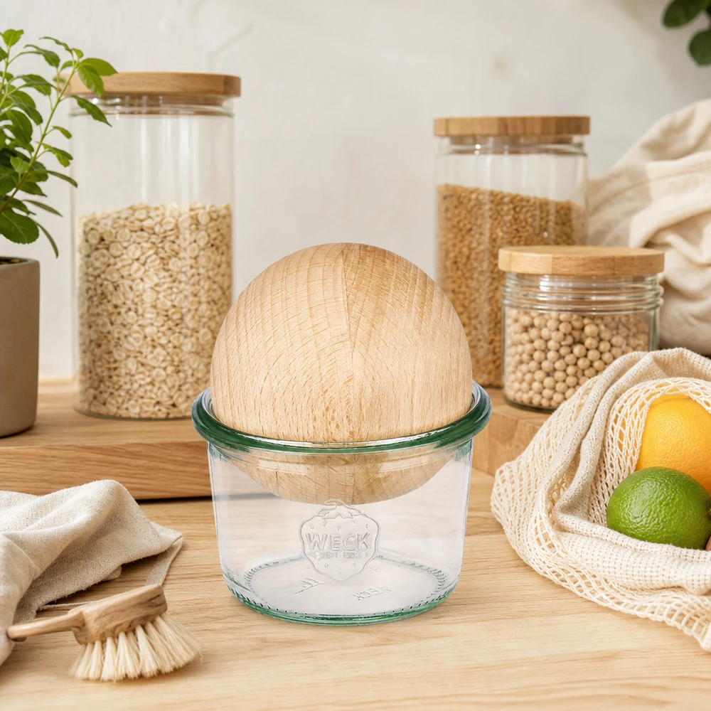 WECK Sturzglas 80ml RR60 mit Buchenholzkugel in nachhaltiger Zero-Waste-Küche mit Vorrätsgläsern und Jutebeutel