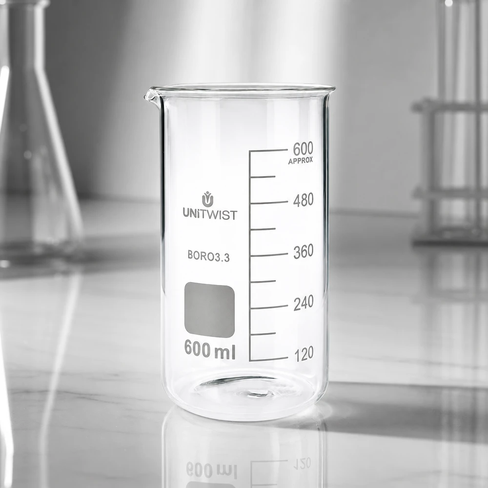 Becherglas 600ml Borosilikat, hohe Form UNiTWIST UNITWIST 600ml Becherglas hohe Form transparentes Borosilikat mit Skala und quadratischem Etikettenfeld