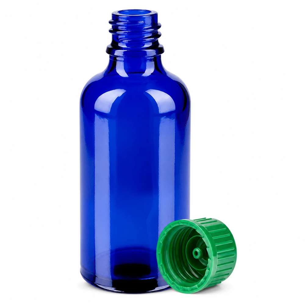 50ml Flasche 11mm Schraubverschluss grün Standard BlueLine UT18/50 Kompakte 50ml blaue Vorratsflasche mit kindersicherem grünen Verschluss für Extrakte