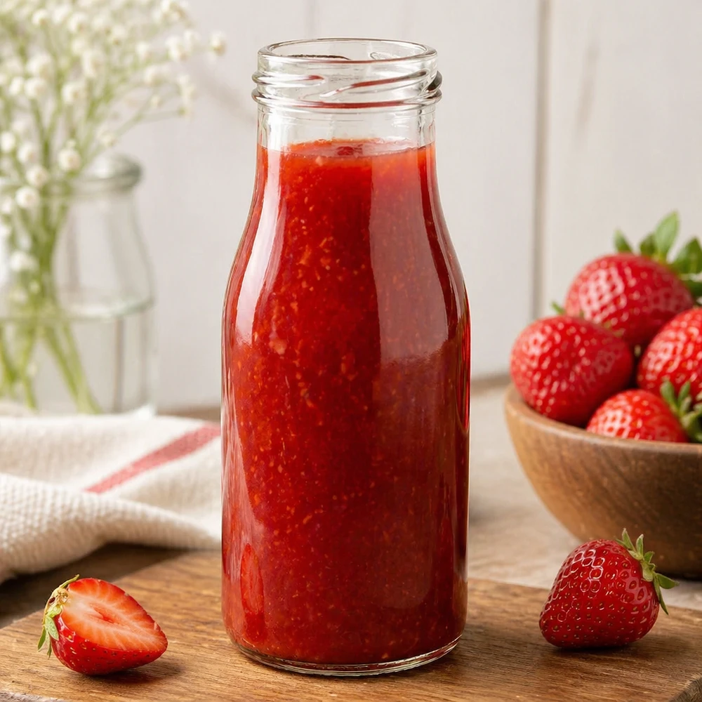 UNiTWIST Bottle150 Glasflasche 150ml TO43 mit Erdbeersaft gefüllt neben frischen Erdbeeren auf Holztisch