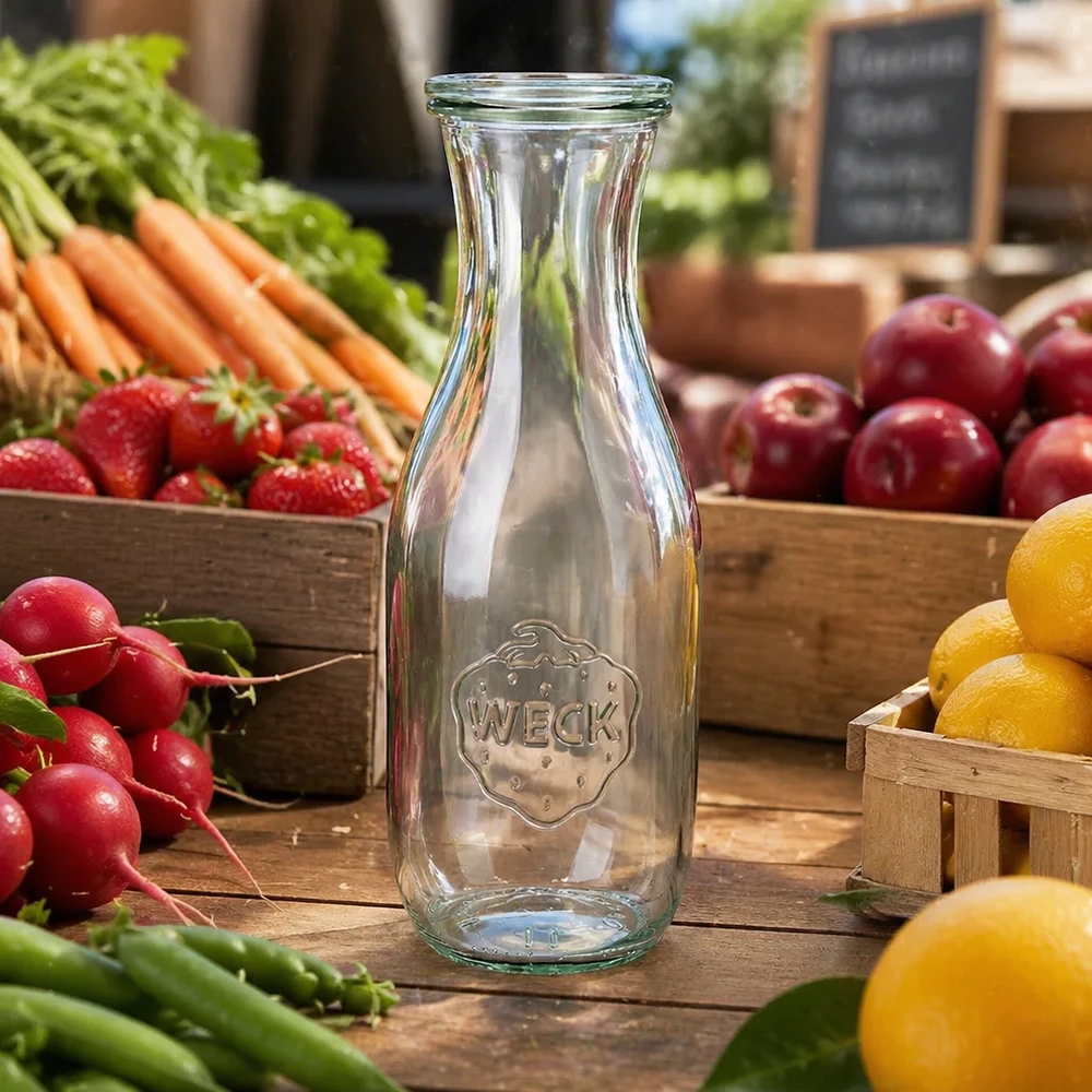1062ml Saftflasche mit Glasdeckel WECK RR60 WECK Saftflasche 1062ml transparent leer auf Holztisch mit frischem Obst Gemüse Radieschen Karotten Zitronen Äpfel