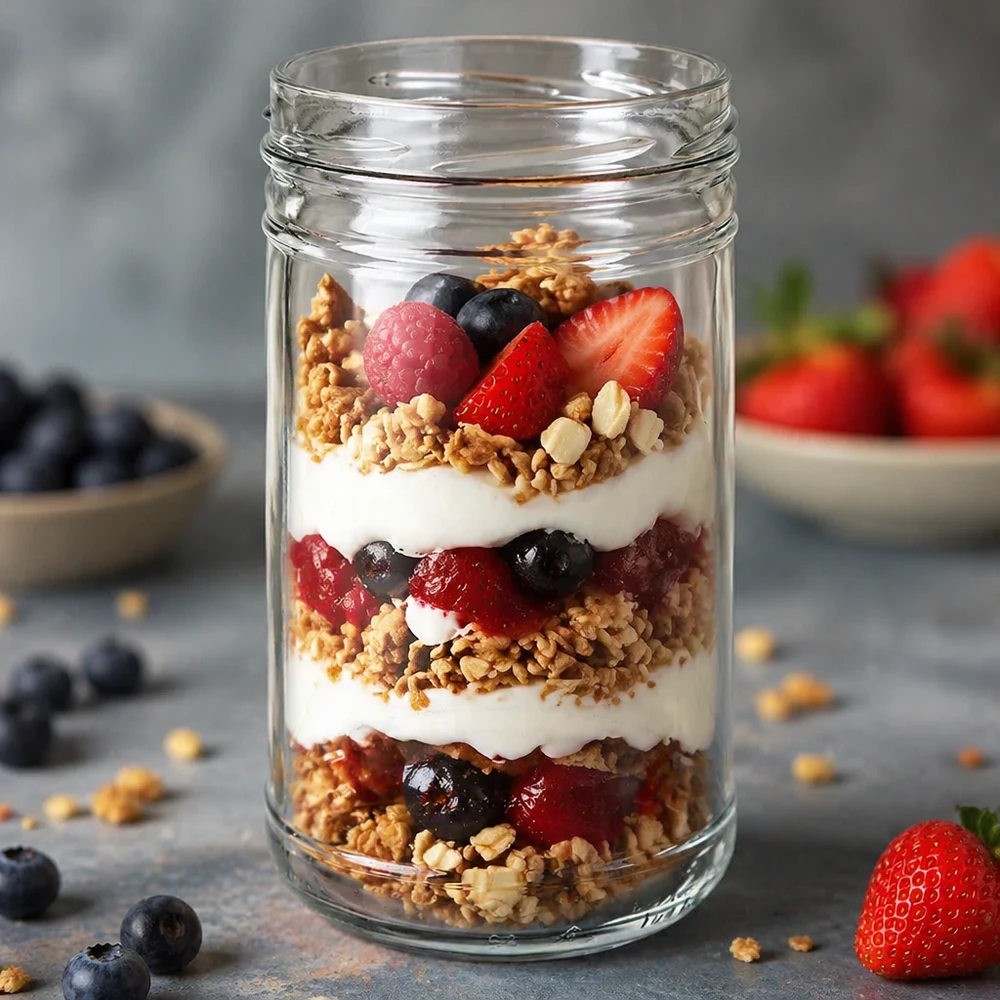 1053ml Sturzglas ohne Deckel (TO100) UNiTWIST UNiTWIST Sturzglas 1053ml TO100 gefüllt mit Joghurt Müsli Beeren Schichtdessert als Anwendungsbeispiel Küche