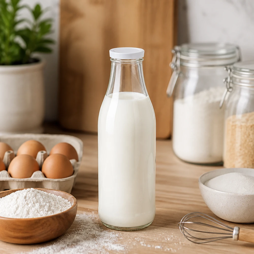 1000ml Glasflasche mit Milch gefüllt BasicSeal Deckel weiß Küchenszenerie Backzutaten Eier Mehl Vorratsbehälter