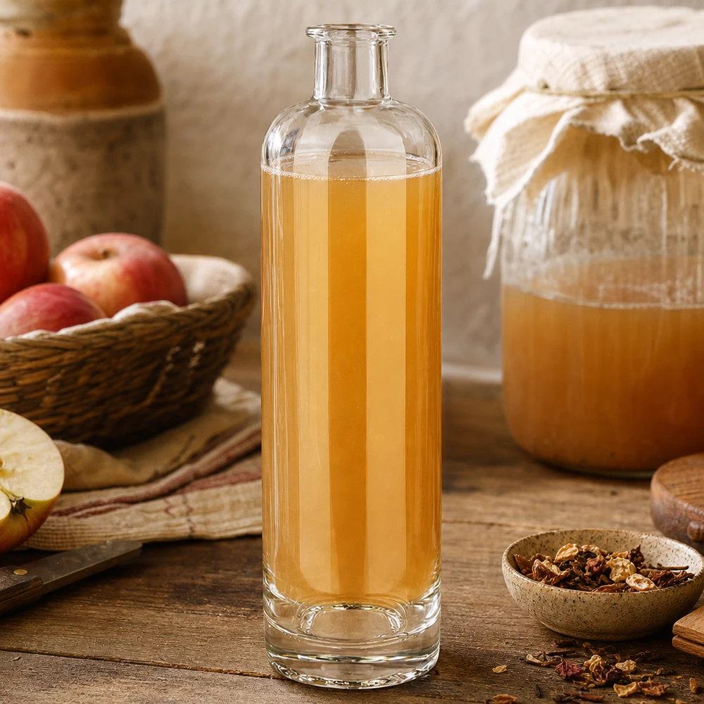 500ml Glasflasche "Ella" ohne Verschluss UNiTWIST 500ml Glasflasche Ella UNiTWIST mit Apfelsaft gefüllt neben frischen Äpfeln und Honig rustikale Küchenszenerie