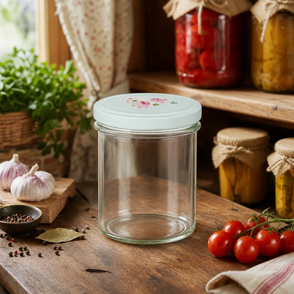 Leeres 350ml Sturzglas mit BasicSeal Deckel Herz mint auf Holztisch umgeben von frischen Tomaten Knoblauch und Gewürzen