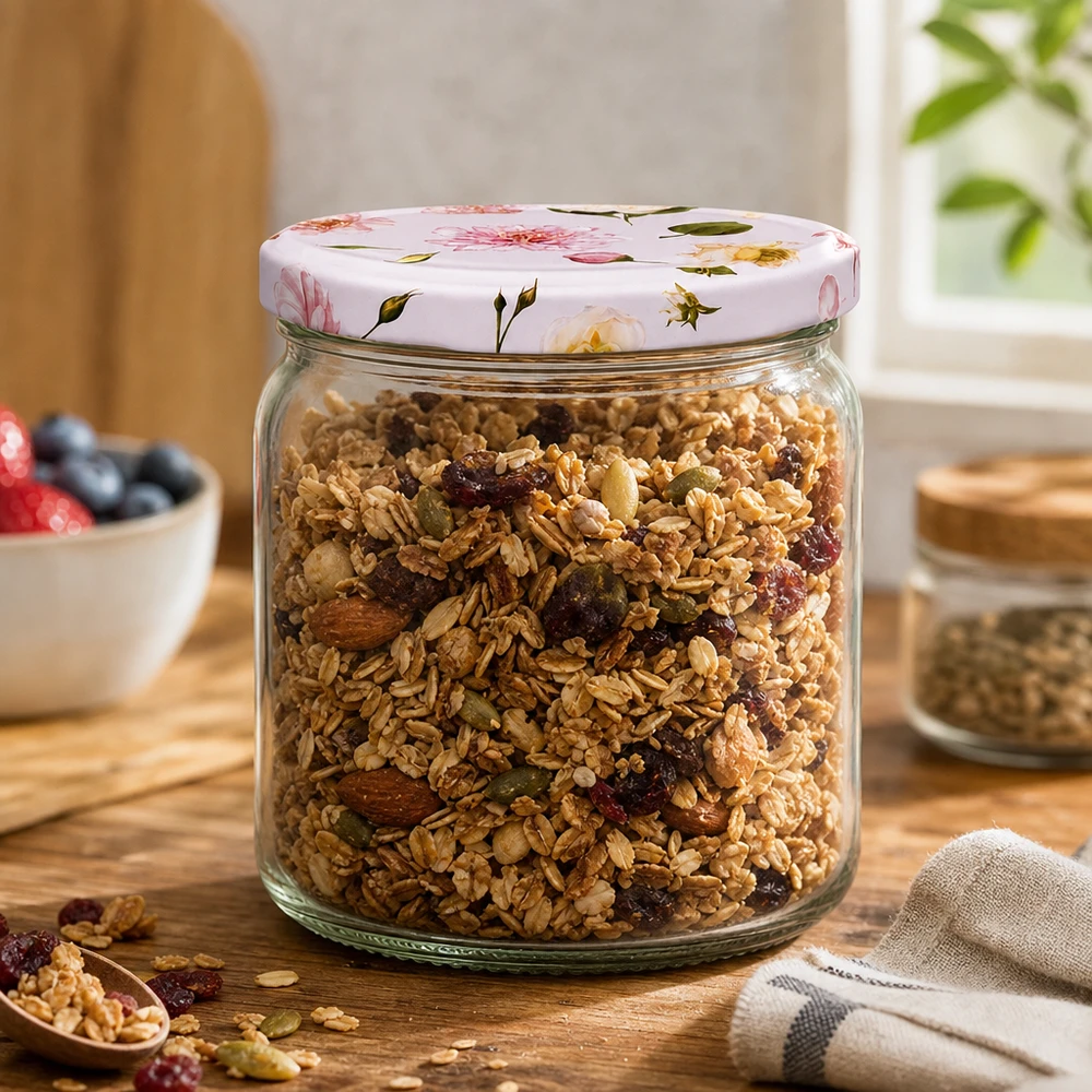 408ml Rundglas rosa Blumendeckel BasicSeal gefüllt mit Müsli Granola Nüsse Trockenfrüchte Vorratsglas Küche