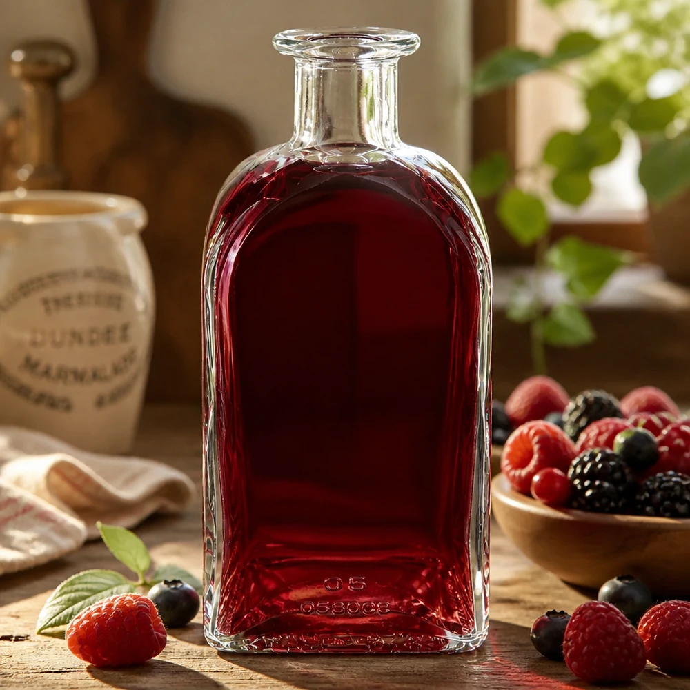 Glasflasche Julia 500ml gefüllt mit roter Flüssigkeit umgeben von Beeren als Dekoration auf Holztisch