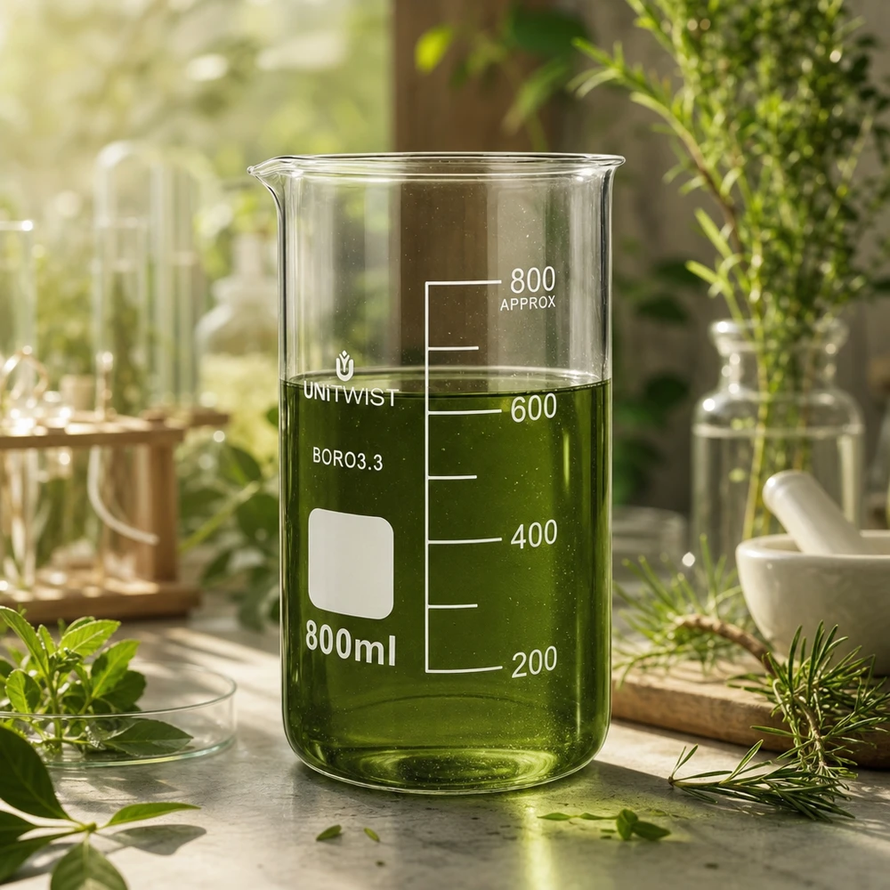 Becherglas 800ml Borosilikat, hohe Form UNiTWIST Borosilikat Becherglas UNITWIST 800ml hohe zylindrische Form mit grüner Pflanzenlösung