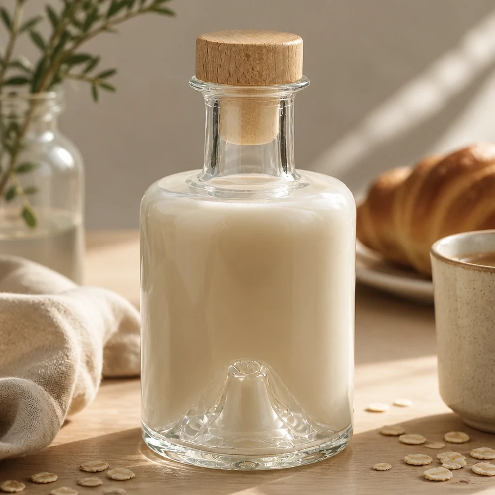 200ml Glasflasche Sofia mit Holzkorken gefüllt mit cremiger Hafermilch in natürlichem Küchenambiente mit Haferflocken
